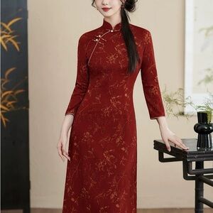 Elegant Red Floral Cheongsam Dress